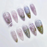 24pcs Light Purple Almond Fake Nail Tips Small Fresh Bowknots Pearl Decor Press On Nails Spring Summer Detachable False Nail